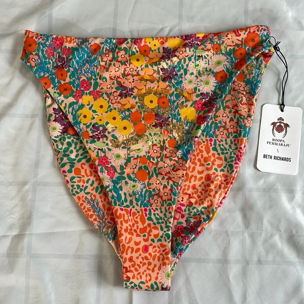 Beth Richards/Roopa Pemmaraju Swim High Waist Bikini Bottom Pink Garden Size M - Picture 3 of 9